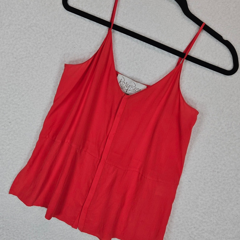Rory Beca 100% Silk Cami Top XS Coral Red Snap Front V-Neck Made in USA
